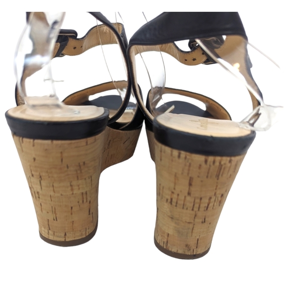 Cole Haan Gillian Mid Wedge Leather Sandals 10 Black Cork Platform Ankle Strap - Picture 7 of 14